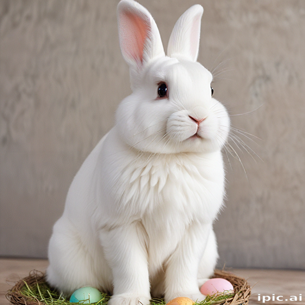 A Charming White Rabbit Sitting Among Colorful Easter Eggs in Nest.
