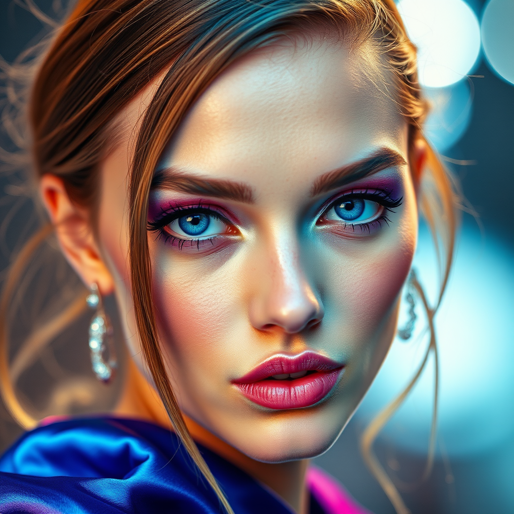 Runway capture, a beautiful model, vibrant colors, metallic textures, high fashion editorial , a 100mm macro lens to get extreme close-ups of intricate details like fabric stitching, accessories, or makeup artistry