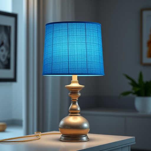 Generate a realistic 3D rendering of a decorative lamp with a textured blue shade, using a Canon EOS R5 camera, 50mm lens, f/1.8 aperture, ISO 100, in a well-lit indoor environment with soft lighting to enhance shadows and highlights.