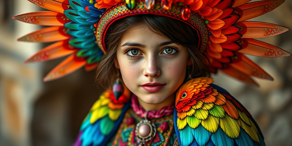 A beautiful Turkish girl, wearing colorful bird clothing with vibrant colors