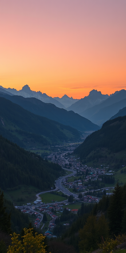 Regenerate an image of a scenic mountain landscape at sunset, showcasing a valley town nestled among lush green hills and towering peaks in the background, taken with a DSLR camera, aperture f/8, ISO 100, shutter speed 1/60s, focal length 24mm, captured in landscape orientation with a wide-angle lens.