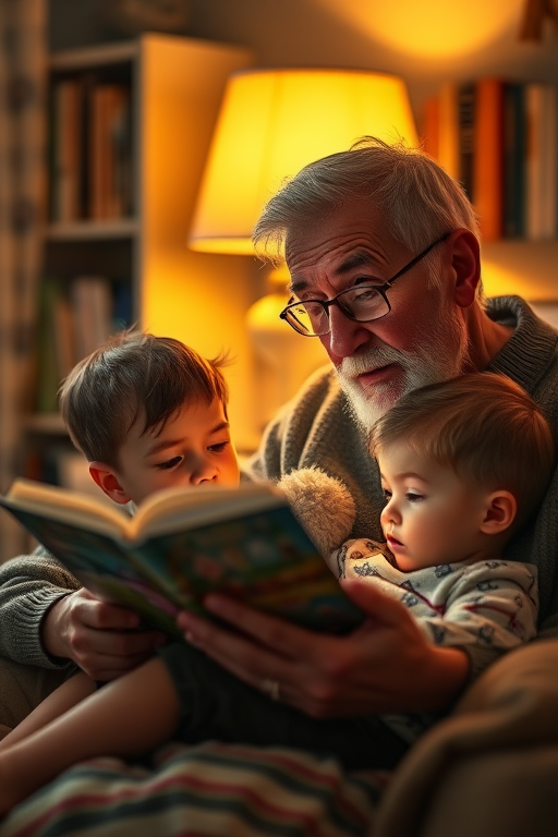 Warmly lit photo of a grandfather reading a bedtime story to his grandchild, soft golden light from a lamp casting a cozy glow, with a bookshelf softly blurred in the background.