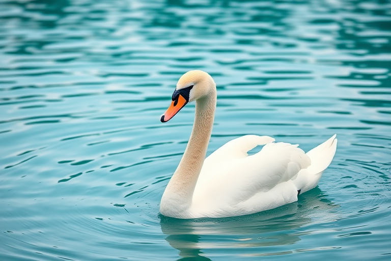 Create a serene image of a white swan gracefully gliding on a tranquil turquoise lake, with soft ripples surrounding it, captured with a Canon EOS R5 at f/2.8, ISO 100, 1/200s, using a macro lens for fine detail and a shallow depth of field to enhance the swan's elegance against a blurred background.