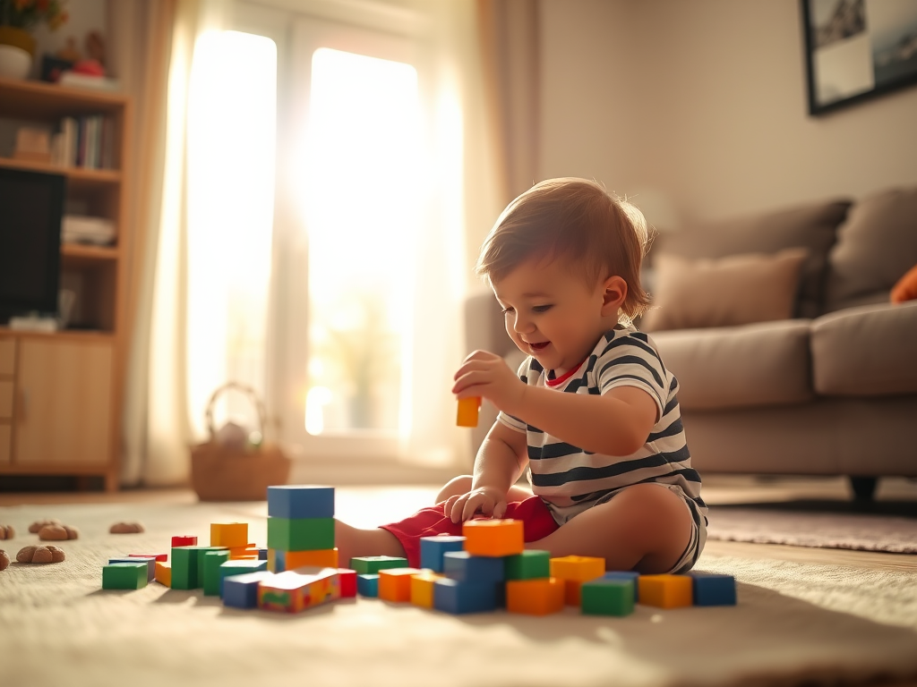 Warm, softly lit image of a child playing with building blocks on a living room floor, soft sunlight streaming through a nearby window, the smell of freshly baked cookies in the background, and a sense of creativity and joy.