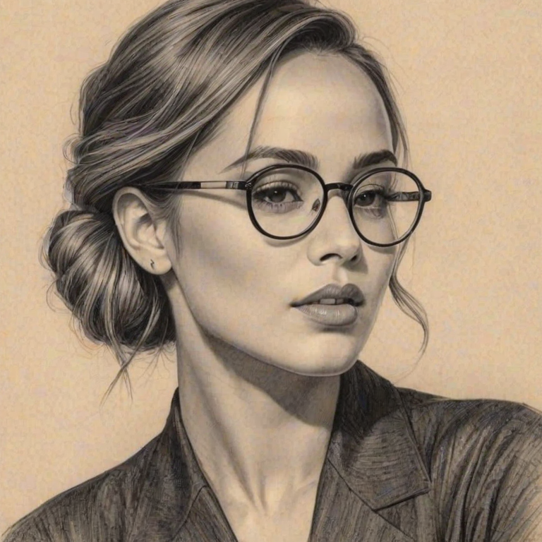 Dazzling Zulay Henao, pencil sketch, portrait of Beauteous woman 1928s in glasses, hair style beatnik, outline, clear lines, fine lines, 8k
