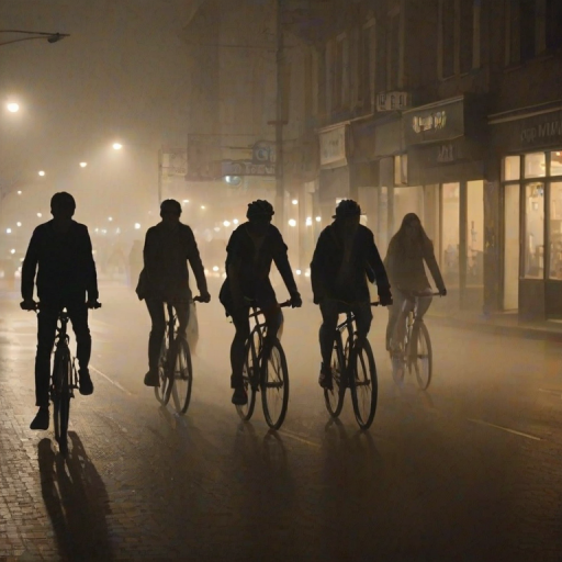 Blurry night-time shot of a group of friends riding bicycles through a foggy city street, faint light from streetlamps and storefronts illuminating the mist, with their silhouettes trailing into the distance.