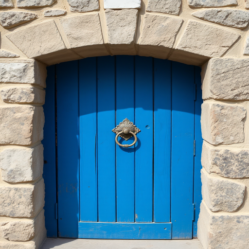 A rustic blue wooden door with a decorative metal knocker, aged stone walls, natural lighting, aperture f/8, ISO 100, 24mm lens, taken from eye level, use a DSLR camera in standard mode for enhanced detail and clarity.