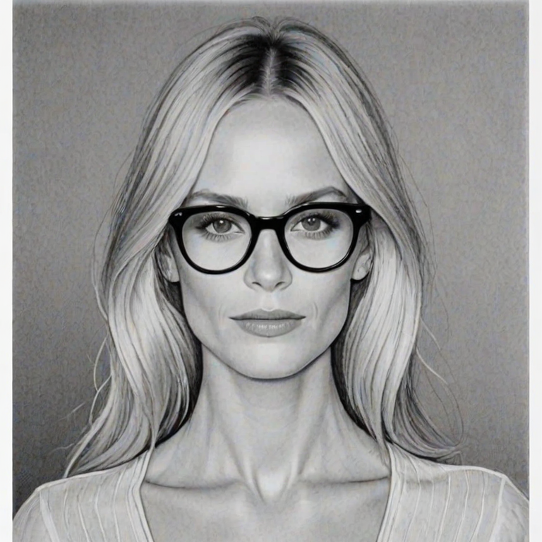 Lovely Poppy Delevingne, pencil sketch, portrait of Graceful woman 1967s in glasses, hair style beatnik, outline, clear lines, fine lines, 8k