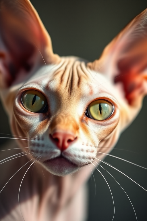 A close-up of a sphynx cat with prominent green eyes, captured in soft natural light, using a DSLR camera with a 50mm lens, aperture f/1.8, ISO 100, and a shutter speed of 1/200s for sharp focus and vibrant detail.