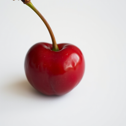 Close-up shot of a single ripe cherry with a stem on a soft white background, using a Canon EOS 5D Mark IV, aperture f/1.8, shutter speed 1/200 sec, ISO 100, natural light for enhanced clarity and detail.