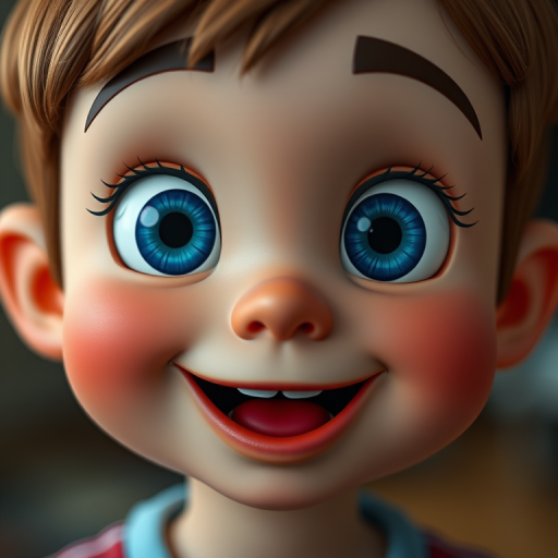 Generate a high-quality cartoon character face with large blue eyes and a red mouth, using a Canon EOS R5 camera with a 50mm lens, aperture f/1.8, ISO 100, and a shallow depth of field for a soft background blur.