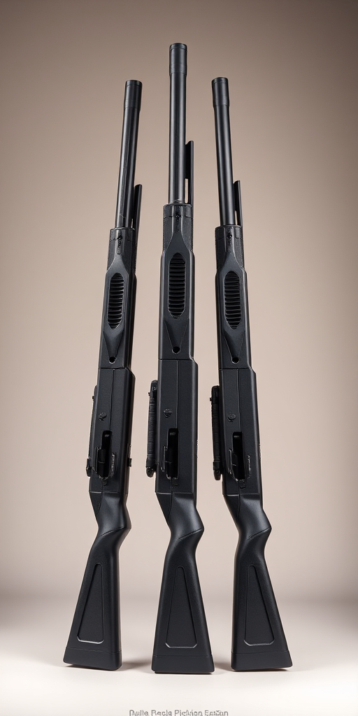 high-resolution image of three black tactical shotguns stacked vertically against a neutral background, shot with a DSLR camera at f/4 aperture, ISO 100, 1/200 sec, using a 50mm lens in a studio setting to enhance clarity and detail