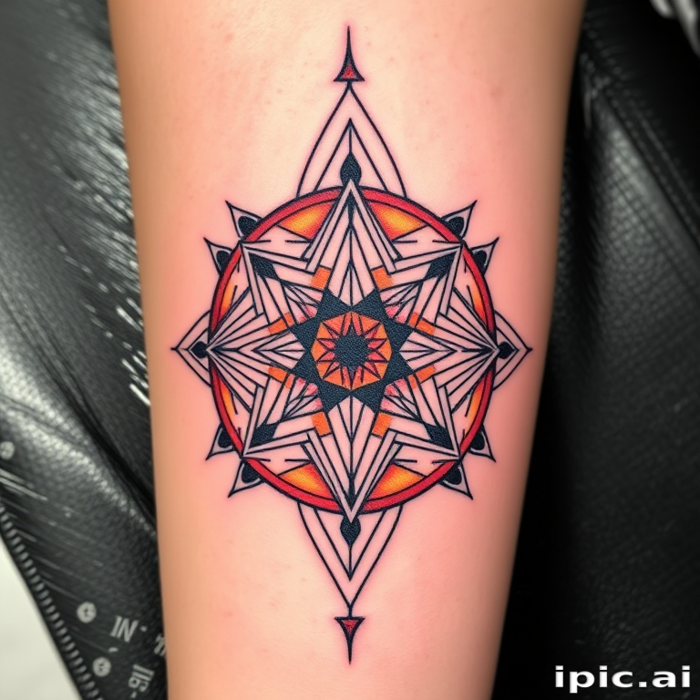 Geometric tattoo "Sacred Symmetry" combining precise linework and sacred geometry patterns in black ink with pops of vibrant color gradients for a modern, eye-catching design