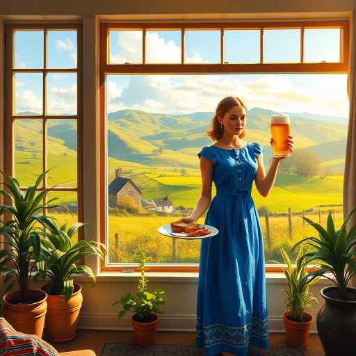 In "A Glass of Beer on the Highland," a serene scene is depicted in a sunlit room where a woman in a vibrant blue dress stands by a large window. She holds a tray with a hearty meal and a frothy glass of beer, embodying a moment of relaxation. Outside, the breathtaking highland landscape features rolling green hills and a charming traditional house, all bathed in warm afternoon light. The interior is adorned with potted plants, creating a harmonious blend of comfort and nature. The painting beautifully captures the tranquility and joy found in simple pleasures amidst stunning scenery