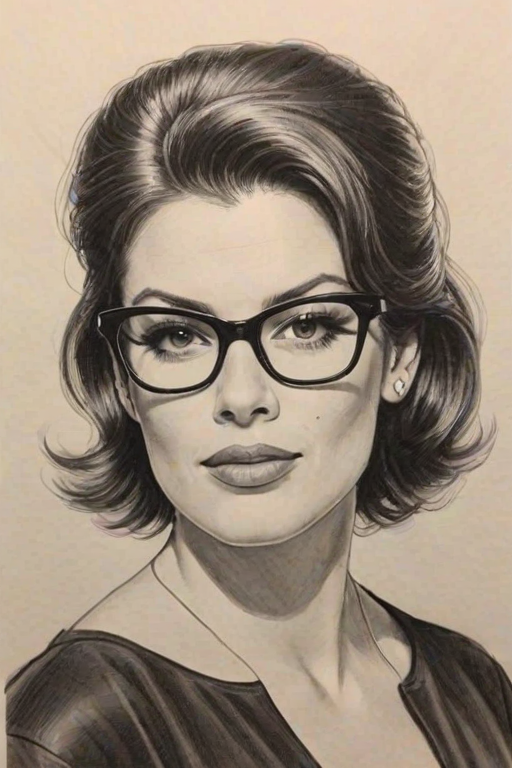 Wonderful Alana De La Garza, pencil sketch, portrait of Superb woman 1957s in glasses, hair style beatnik, outline, clear lines, fine lines, 8k