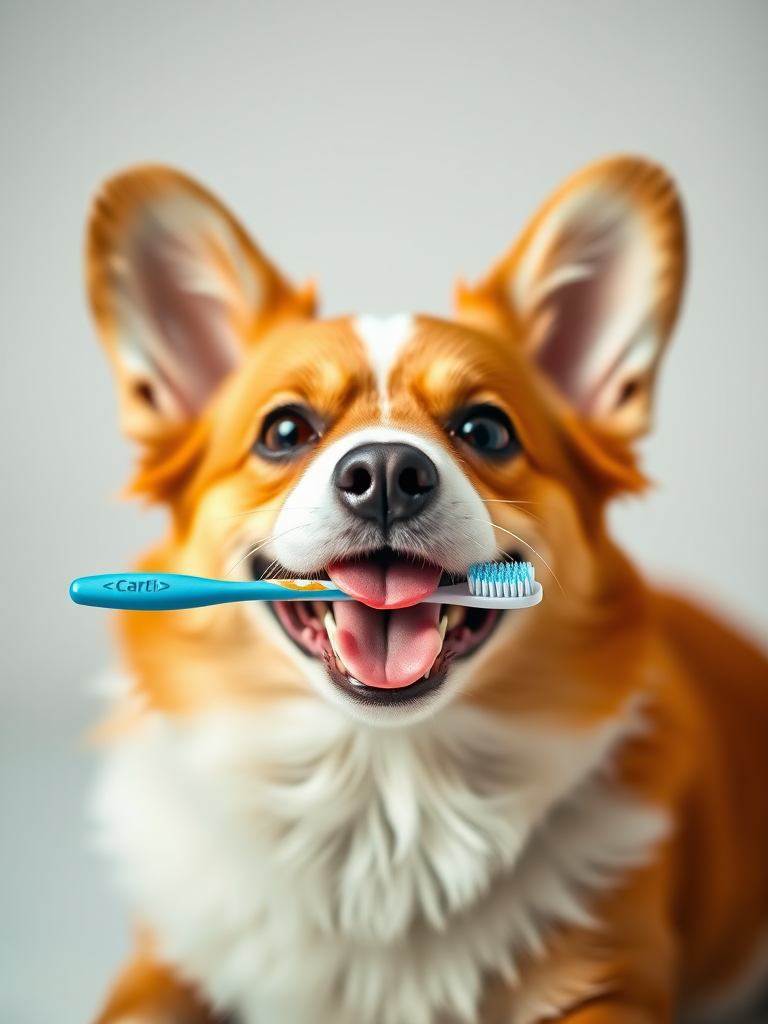 A cheerful corgi holding a toothbrush in its mouth, high detail, soft focus background, 50mm lens, f/2.8 aperture, 1/200 sec shutter speed, natural light, studio setup.
