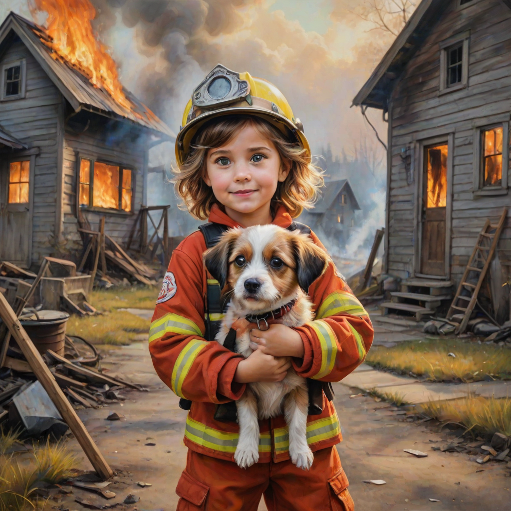 airbrushed oil painting, pixar style, cute little girl in fireman gear, helmet, tousled hair, expressive eyes, standing in the doorstep of a cottage burning behind him, holding a cute little dog in her arm, atumn sky