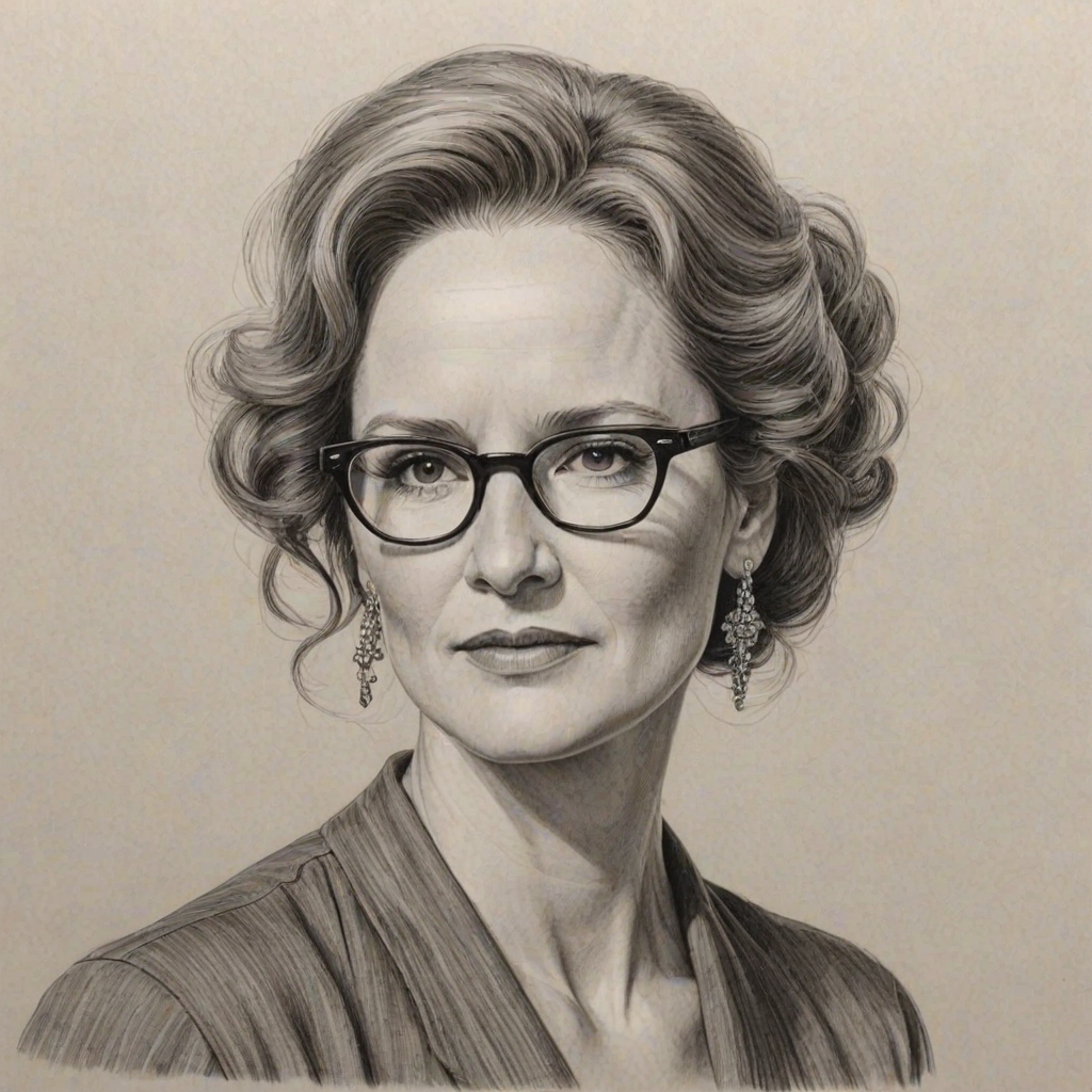 Stunning Melissa Leo, pencil sketch, portrait of Exquisite woman 1950s in glasses, hair style beatnik, outline, clear lines, fine lines, 8k