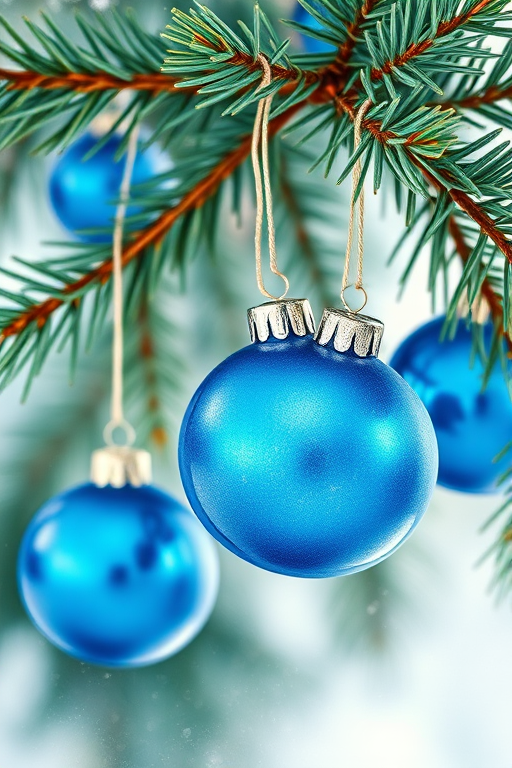Create a highly detailed watercolor illustration of a pine branch with blue ornaments hanging from it, use a Canon EOS R5 camera, aperture set to f/2.8, shutter speed of 1/200s, ISO 100, shot from a close-up angle to enhance texture and depth.