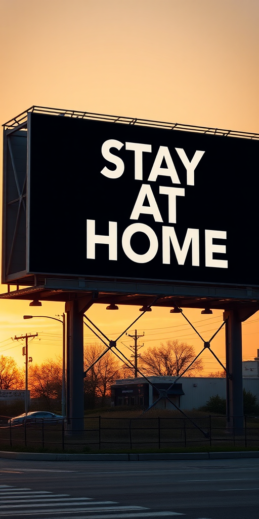 Create a high-resolution image of a large outdoor billboard displaying the message "STAY AT HOME" in bold white letters on a black background, captured with a DSLR camera, 50mm lens, aperture f/1.8, ISO 200, shot at sunset for warm lighting, wide angle view to emphasize the billboard's structure.