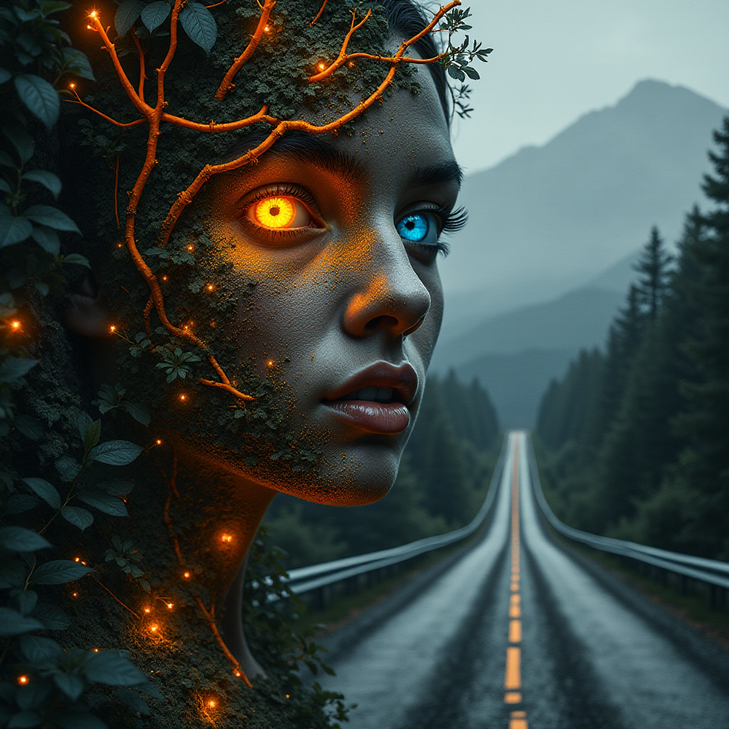 A surreal portrait of a woman's face merging with nature and a road. One half of her face is covered in glowing orange vines, tree roots, and dense forest vegetation. The other half is in grayscale, featuring storm clouds and a road that stretches into the horizon. Both of her eyes are highly expressive: one glowing amber and the other cool blue. The scene contrasts vibrant nature with a stormy, monochromatic landscape, with mountains in the background. The image is highly detailed, with dramatic lighting and texture, creating a mystical, harmonious balance between nature and humanity.