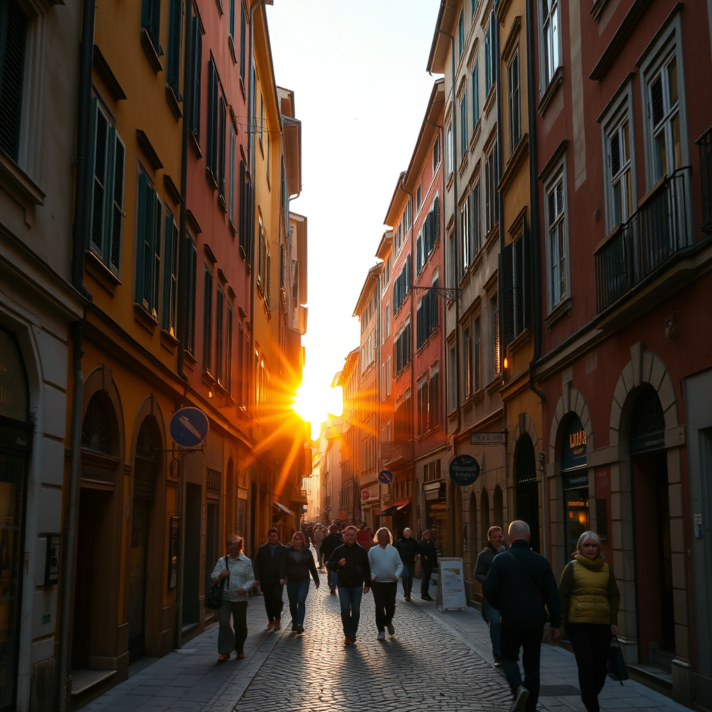 narrow cobblestone street in a historic European city during golden hour, warm sunlight illuminating colorful buildings, bustling with pedestrians, Canon EOS R5, 35mm lens, f/8, ISO 200, shot at dusk for enhanced contrast and sharpness