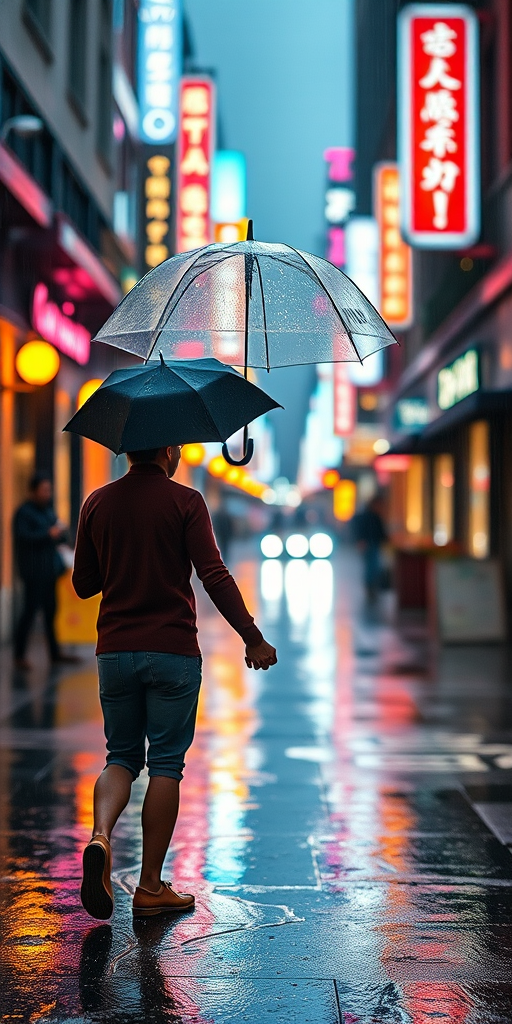 create a romantic scene of a couple holding hands under an umbrella in a rainy urban street at night with colorful neon lights in the background, use a Canon EOS 5D Mark IV with a 50mm f/1.8 lens, set the aperture to f/1.8, ISO 800, shutter speed 1/50 sec, in a soft focus style to enhance the dreamy atmosphere