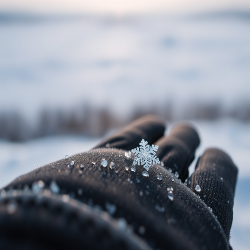 Softly focused image of a single snowflake resting on a gloved hand, delicate crystals catching the soft winter light, with a snowy landscape stretching out in the background.