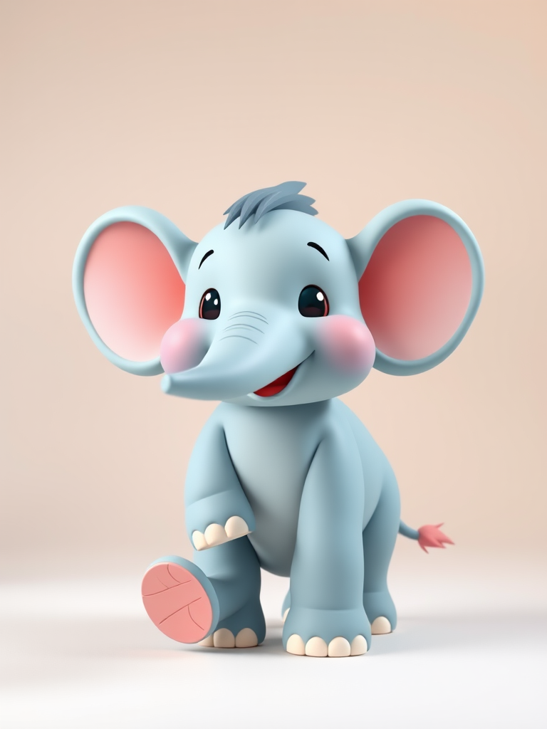 Generate a cute cartoon elephant standing playfully, bright colors, minimal background, soft lighting, shot with a DSLR camera at 50mm focal length, aperture f/2.8, ISO 100, using a wide-angle lens.