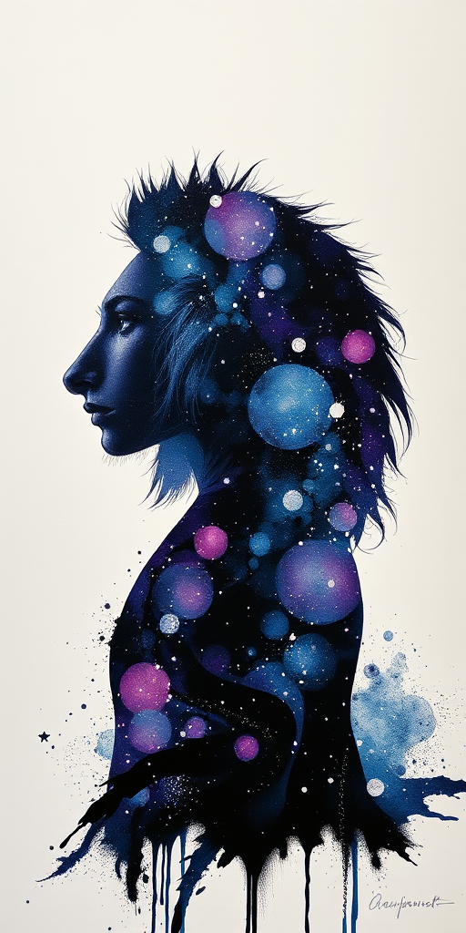 Captivating conceptual render alcohol ink art, double exposure, the paint strokes artfully merge combining a woman's full silhouette with a Lazy panda's silhouette. The figures are composed of a series of colored dots, lines & spots that evoke the image of a cosmic galaxy, colors are deep shades of blue purple & black with flashes of white & silver representing distant stars. The woman's silhouette is formed within the lion's silhouette from constellations of scattered stars, surreal