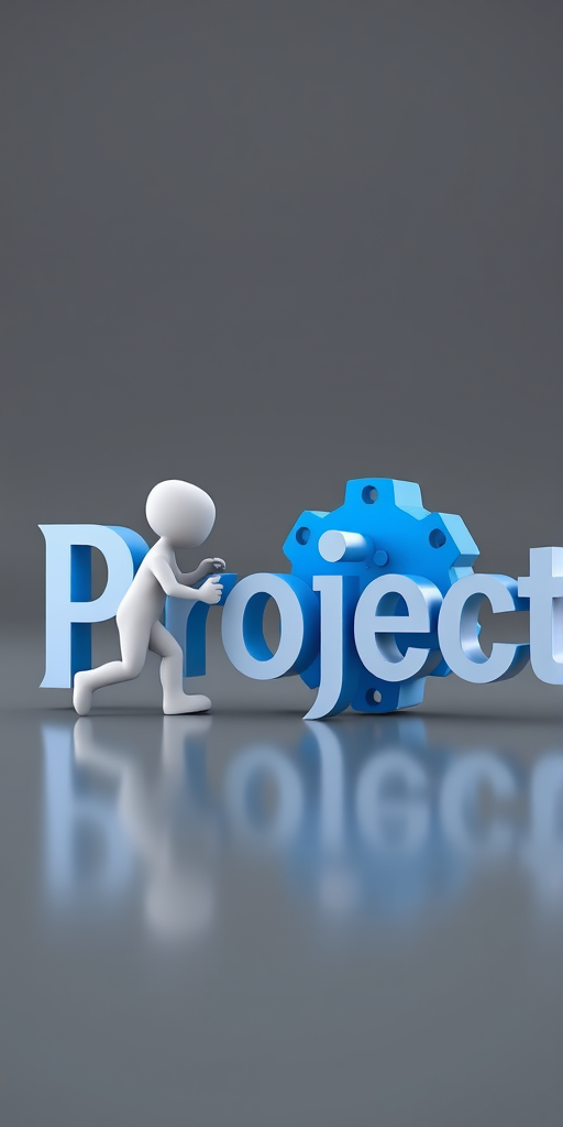 Create a 3D render of a small white figure pushing a large blue gear next to the word "Project" in an elegant, modern font, using a Canon EOS R5 camera, 50mm lens, aperture f/2.8, ISO 100, and a shallow depth of field for a professional look.