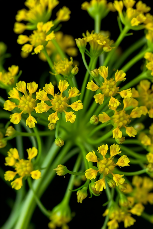 macro photograph of dill flowers with vibrant yellow blooms and green stems on a black background, aperture f/2.8, shutter speed 1/200s, ISO 100, top-down perspective, using a DSLR camera with a 100mm macro lens