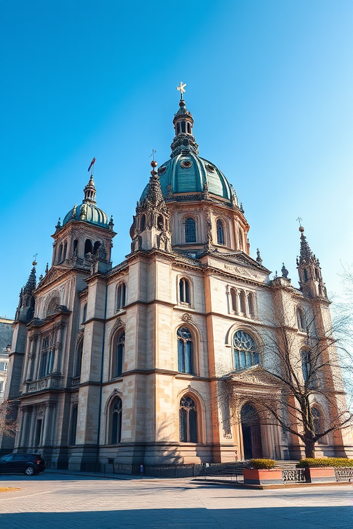 Regenerate the image of the St. Vitus Cathedral with a DSLR camera at 24mm focal length, aperture f/8, ISO 100, shot in landscape orientation, and high dynamic range for enhanced details under a clear blue sky.