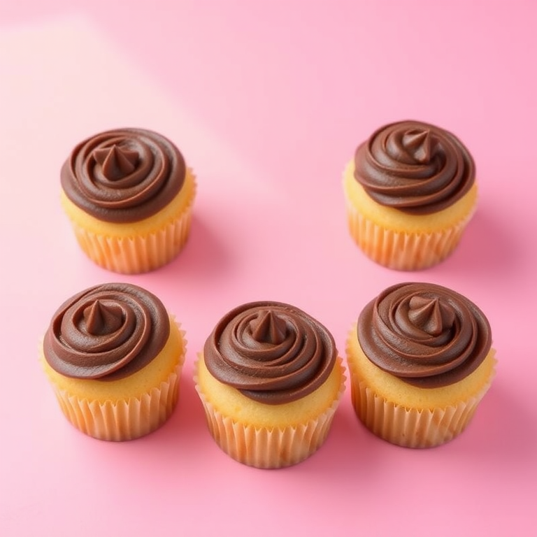 Create an image of four cupcakes with chocolate frosting, two on a pink background and two on a yellow background, using a Canon EOS R5 with a 50mm lens, f/2.8 aperture, 1/125 shutter speed, and natural lighting for enhanced image quality.