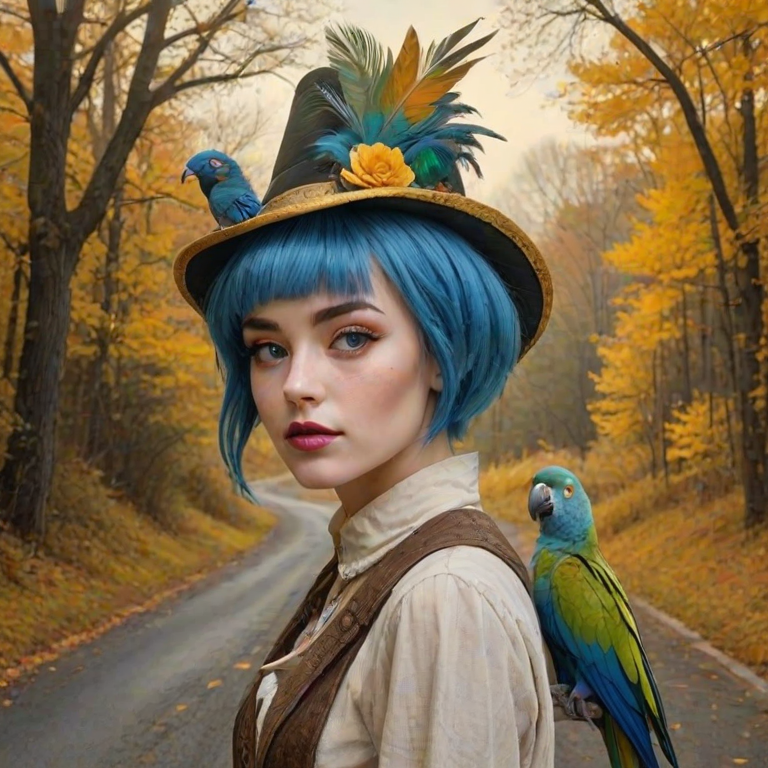 digital art fantasy depicting a strange girl with blue hair, long eyelashes, Yellow lipstick and a tall hat walking along a winding road on an autumn afternoon, an Parrot smiles as she passes