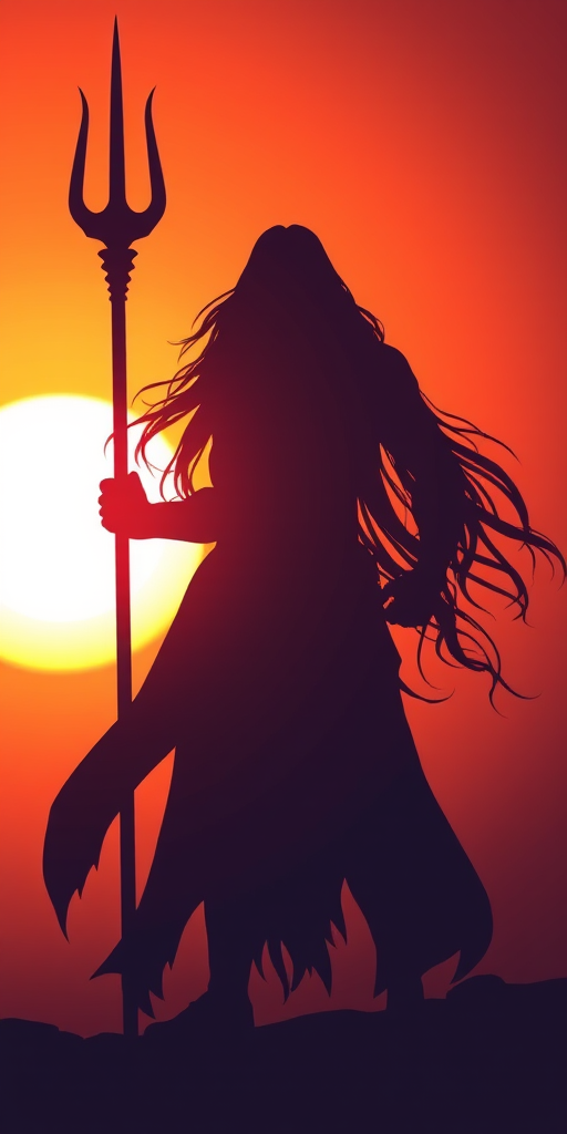 Create an illustration of a powerful figure holding a trident, with long flowing hair, standing against an orange sunset background, captured in a cinematic style using a DSLR camera with a wide-angle lens, aperture set to f/2.8, ISO 100, and a low angle view to enhance the dramatic effect and detail in the silhouette.