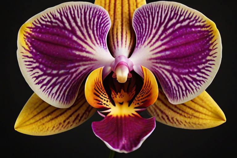 Create a realistic close-up image of a vibrant purple orchid with intricate yellow and brown patterns on its petals, set against a solid black background.