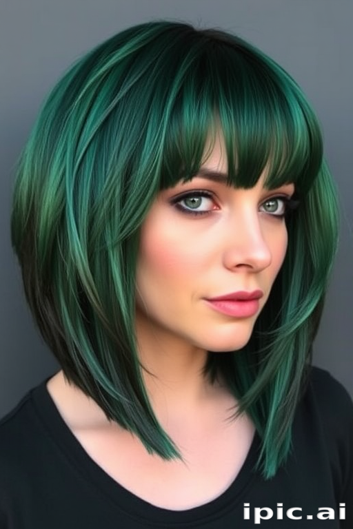 Deep emerald green bob named "Enchanted Forest" with darker roots and lighter ends, cut into a blunt chin-length style with micro bangs