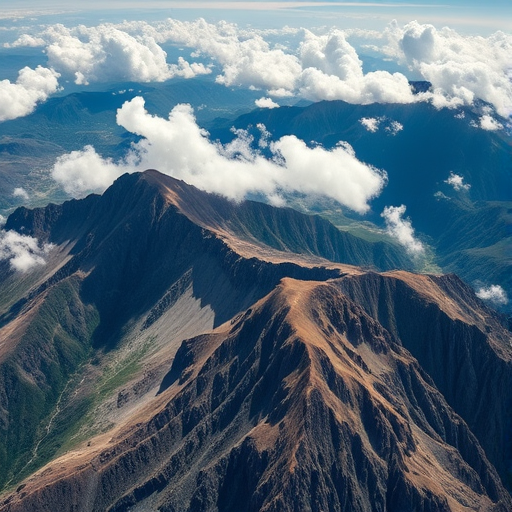 High-resolution aerial view of rugged mountain landscape with dramatic peaks and clouds, ISO 100, aperture f/8, shutter speed 1/500s, wide-angle lens, DSLR camera, HDR imaging.