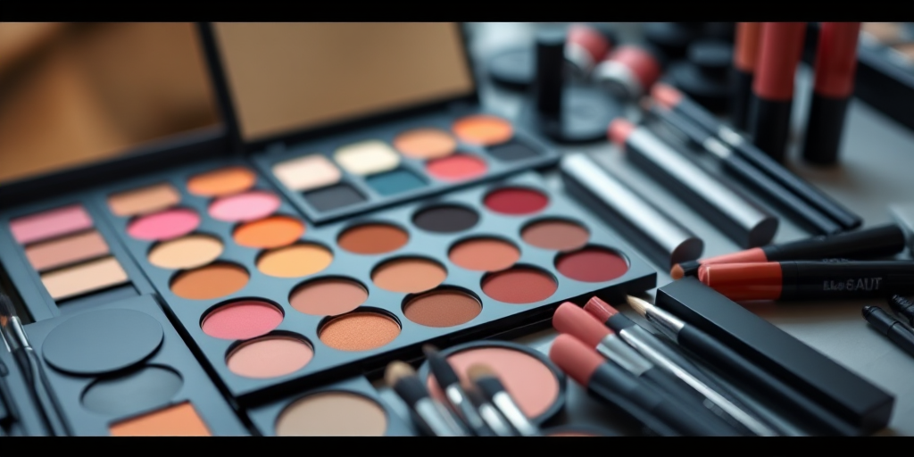 Create a high-resolution image of a makeup artist's palette layout featuring various eyeshadow colors, brush sets, and lip colors, captured with a Canon EOS R5, 50mm lens, f/1.8 aperture, ISO 100, in a well-lit studio setting with a shallow depth of field to highlight the products.