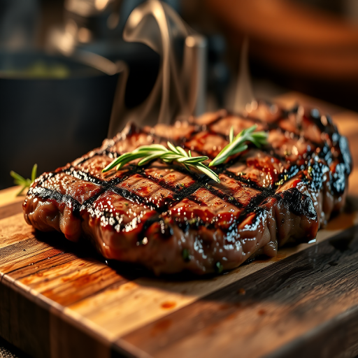 Captivating close-up of a perfectly grilled steak on a wooden board, steam rising, garnished with rosemary and herbs, shallow depth of field, soft warm lighting, ISO 100, f/2.8, 1/200s, DSLR camera, macro lens.
