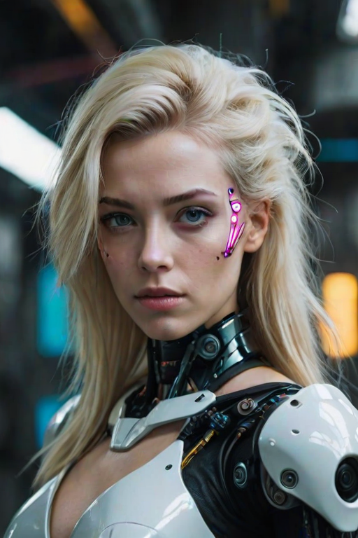 portrait of a blonde robot woman in a cyberpunk setting