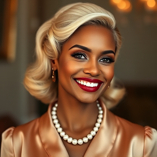 A beautiful Garifuna woman reminiscent of 1950s Hollywood glamour, with perfectly styled blonde hair and a seductive smile, dressed in a satin blouse and adorned with pearls, soft and warm tones, photorealistic, 8K