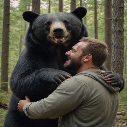A happy black bear embracing a man in the forest. Hyper-realistic, highly detailed, 4K, HDR, very close frame.