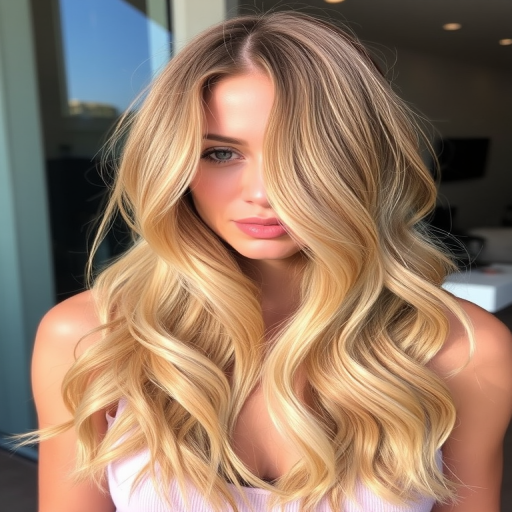 Luminous honey blonde beach waves with sun-kissed highlights, crafted by Sandy Shore, exhibiting a natural, effortless look with soft tendrils framing the face and subtle lowlights for depth