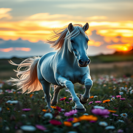 A majestic white unicorn running through a field of flowers at sunset with a dramatic sky in the background, captured with a Canon EOS R5, 85mm lens, f/1.8 aperture, ISO 100, at sunset for rich colors and soft depth of field.
