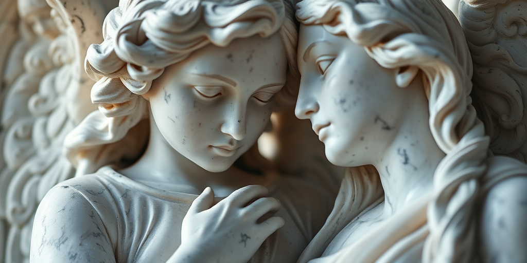 A detailed close-up of a marble angel sculpture interacting with a female figure, soft natural lighting, 50mm lens at f/2.8, ISO 100, shot with a full-frame DSLR, capturing fine details and textures.