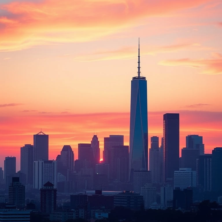 Generate a high-resolution digital illustration of a skyline featuring iconic skyscrapers, captured in a vibrant sunset gradient background with rich blues and pinks, using a wide-angle lens, f/8 aperture, ISO 100, and a 24mm full-frame camera for enhanced depth and clarity.