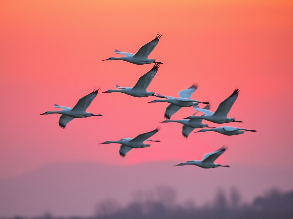 create an image of multiple white cranes in flight against a gradient sunset background with shades of purple, pink, and orange, using a DSLR camera with a 50mm lens, aperture set to f/2.8 for a shallow depth of field, and a shutter speed of 1/1000s for capturing motion clearly, in a high dynamic range style to enhance color vibrancy and detail.