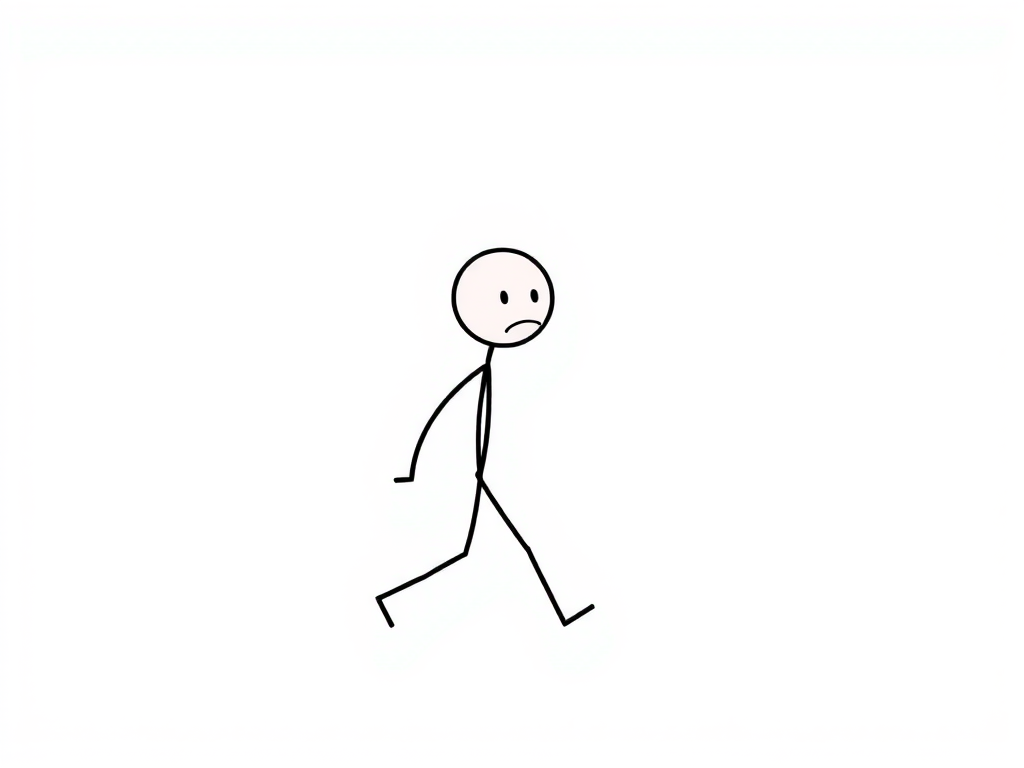 Create a high-quality vector illustration of a stick figure walking with a sad expression, using a clean white background, in a minimalist style, with smooth lines and dynamic motion, captured with a Canon EOS R5, 50mm lens, f/1.8 aperture, ISO 100, and horizontal view.